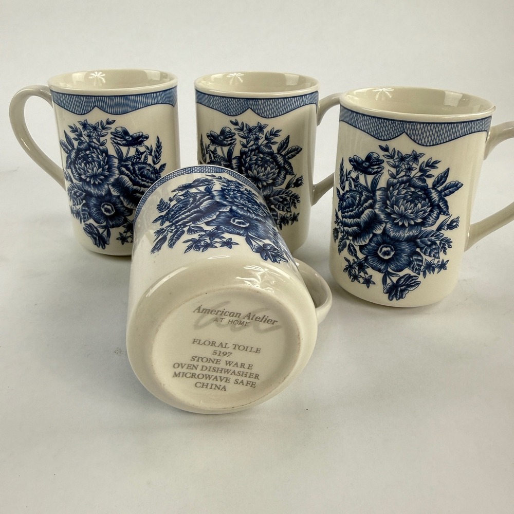 American Atelier Floral Toile 5197 Blue White Stoneware Mugs Set of 4‎